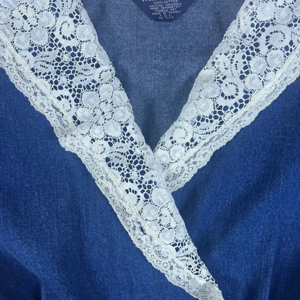 Vintage 80s Denim Prairie Dress Lace Collar M/L Cottagecore Coastal Cowgirl Midi - Picture 6 of 12